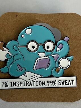 Octopus Enamel Pin with Book & Coffee  1% Inspiration 99% Sweat $5 Bundled